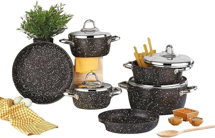 طقم حلل10ق مدور جرانيت سافلون اسود ستيل