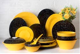 طقم ميلامين 38ق مدور سادة اصفر×اسود بيور