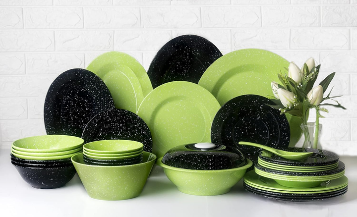 طقم ميلامين 38ق مدور سادة اخضر×اسود بيور